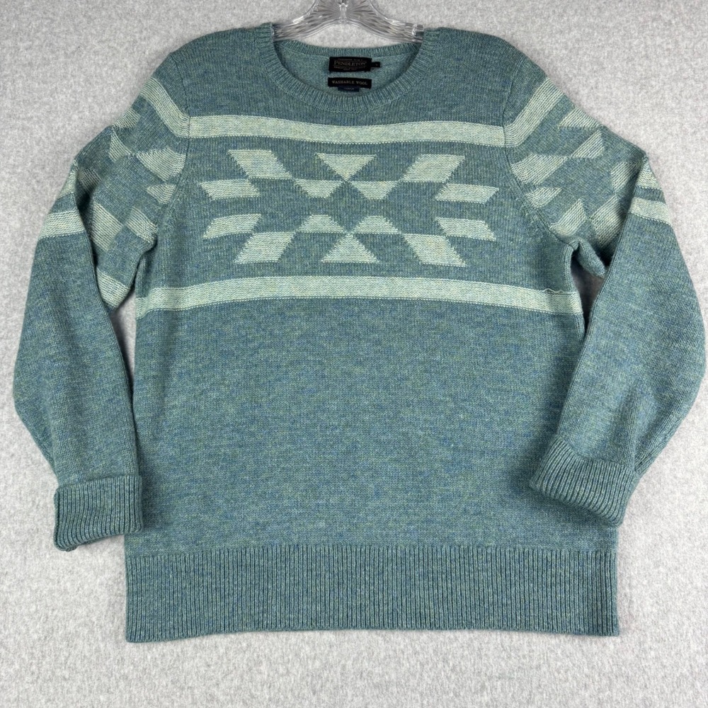 Pendleton Sweater Women Large Blue Green Washable Wool Geometric Southwestern